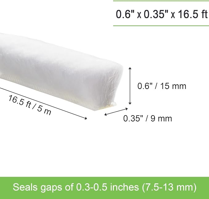 Self-Adhesive Weather Stripping Seal for Doors & Windows – Soundproof Insulation Gap Filler for Sliding, Exterior, Front, and Jamb Frames – 0.6" x 0.35" x 16.5 ft, White