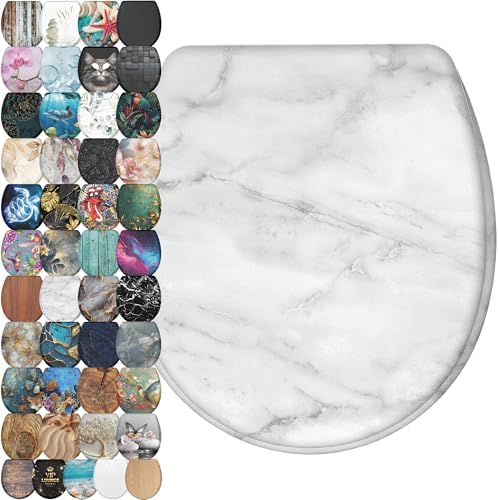 Sanilo Wooden Toilet Seat with Quick Release & Soft Close [ROUND] - Decorative & Slow Close Molded Wood Seat - With One Click for Easy Installation & Cleaning - With Adjustable Fit (Marble)
