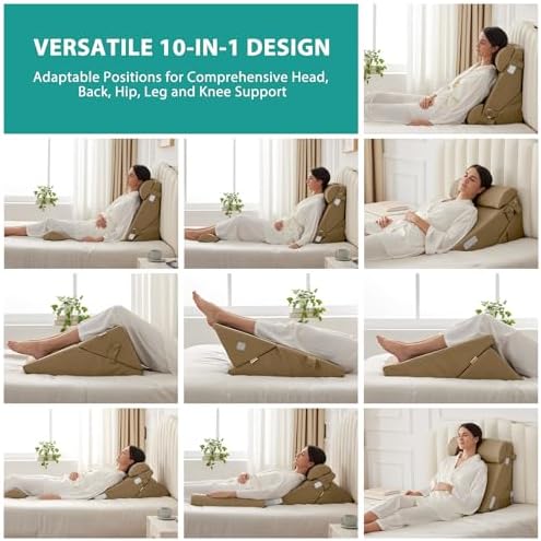 Bedluxe Adjustable 4pcs Bed Wedge Pillow Set, Memory Foam Wedges Pillow Post Surgery for Back, Neck, Leg Pain Relief, Pillows Wedge for Sleeping, Sitting up in Bed, Acid Reflux and GERD, Brown