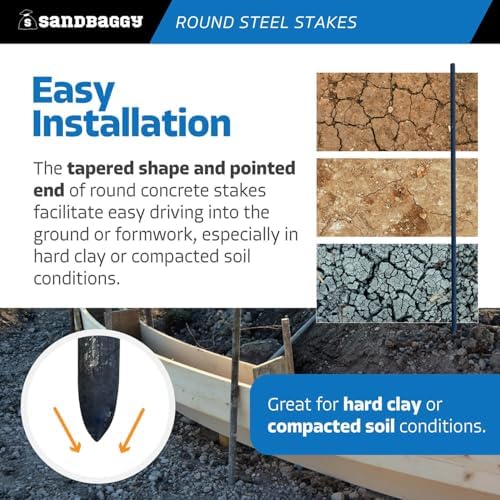 Sandbaggy 60 Inch Round Steel Concrete Form Stakes with Nail Holes, Heavy Duty Rust Resistant Form Pins for Concrete Forms, Slabs, Driveways, Sidewalks, Curbs & Footings, 5 Pack, 3/4 in x 60 in