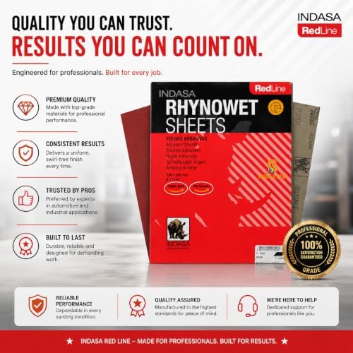 INDASA Rhynowet Red Line Wet Dry Sanding Sheets 9 x 11 Inch 800 Grit Waterproof Latex Backing Abrasive Paper for Wood Metal Automotive Surface Prep Pack of 50
