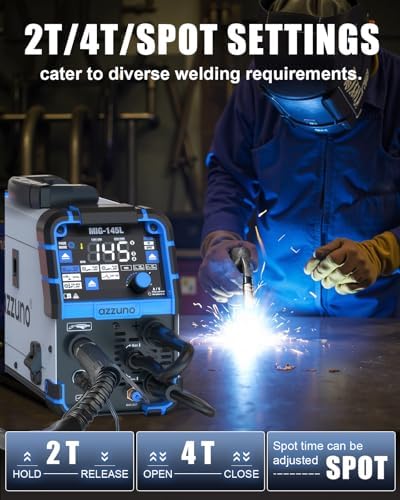 AZZUNO 145A MIG Welder with Helmet, 110/220V 4-in-1 Gas/Gasless Flux MIG