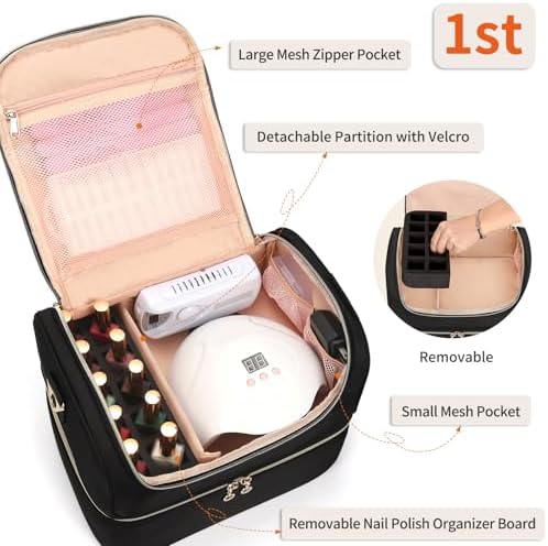 CUBETASTIC Nail Polish Organizer, Portable Nail Polish Storage Case Holds 45 Bottles Nail Polish & Nail Lamp, Travel Nail Supplies Organizer for Nail Tech Kit & Manicure Tools