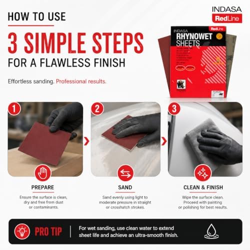 INDASA Rhynowet Red Line Wet Dry Sanding Sheets 9 x 11 Inch 800 Grit Waterproof Latex Backing Abrasive Paper for Wood Metal Automotive Surface Prep Pack of 50