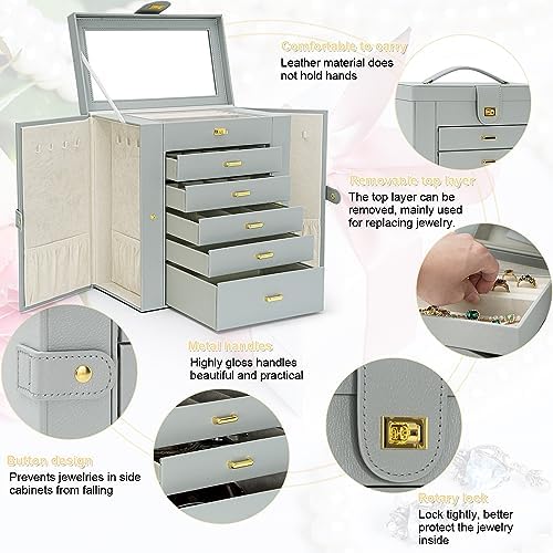 AKOZLIN 6-Tier Jewelry Box Organizer 5 Drawers Storage Extra Large Grey