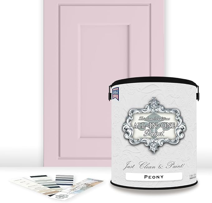 ALL-IN-ONE Paint by Heirloom Traditions, Peony (Pale Pink), Gallon - Durable cabinet and furniture paint. Built in primer and top coat, no sanding needed. Includes our 30 featured color card.