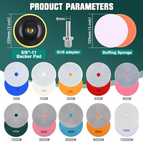 5 Inch Wet/Dry Diamond Polishing Pads Set with 5/8’’-11 Backer Pad