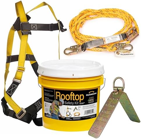 Guardian 00815 Rooftop Safety Kit - 50 ft Vertical Lifeline Assembly | Reusable Temper Anchor | Full Body Harness | Yellow Storage Bucket