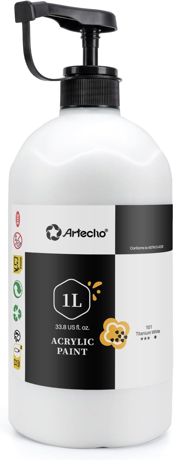 Artecho Titanium White Acrylic Paint 1000ml (33.8 fl oz) with Pump Dispenser – High Pigment for Exceptional Coverage, Large Bottle Craft Paint for Canvas, Wood, Rocks, Fabric, Ceramic – Non-Toxic