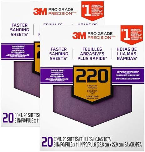 3M Advanced Sandpaper, 20 Sheets, 220 Grit, 3M Pro Grade Precision, No-Slip Grip Backing, 9-in x 11-in, for Sanding on Wet or Dry Surfaces (26220CP-P-G), 2-Pack