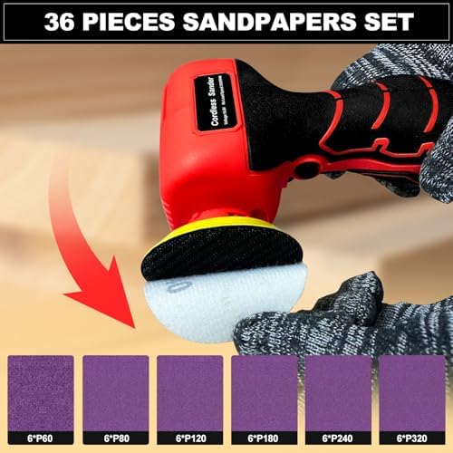 Cordless Electric Sander with 36PCS Sandpapers, 3500 RPM, 2x2000mAh Batteries, Lightweight & Compact Design for Wood, Metal, Paint Removal, and DIY Projects