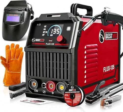 BESTMIG 135A MIG Welder - 3-in-1 Flux Core Welder, MIG/Lift TIG/Stick Welding Machine - Portable IGBT Inverter - 110V with Welding Helmets and Gloves (Red Black, MIG 135A Welder)