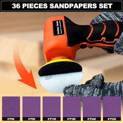 Cordless Electric Sander with 36PCS Sandpapers, 3500 RPM, 2Pcs 2000mAh Batteries, Lightweight & Compact Design for Wood, Metal, Paint Removal, and DIY Projects