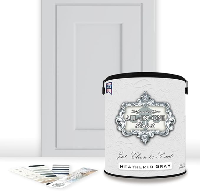 ALL-IN-ONE Paint by Heirloom Traditions, Heathered Gray (Light Cool Gray), Gallon - Durable cabinet and furniture paint. Built in primer and top coat, no sanding needed. Includes our 30 featured color