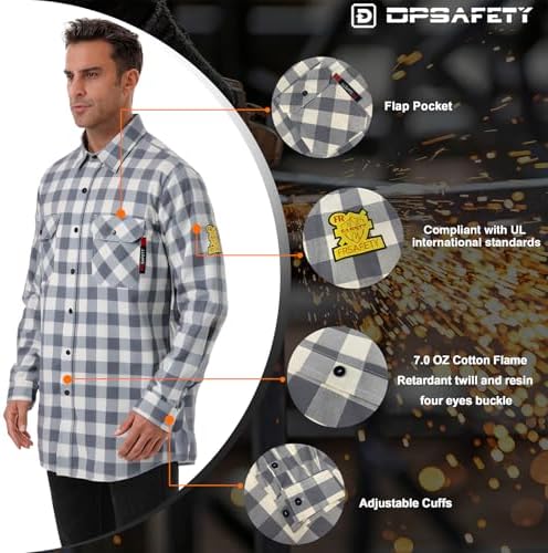 FR Shirts for Men 7oz Fire Resistant Shirts CAT2 Welding Shirt 100% Cotton Flame Resistant Shirt Grey/Plaid(X-Large)