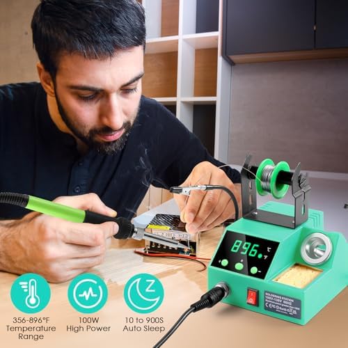 Soldering Station, 100W Digital Display Soldering Iron Station Kit with 2 Helping Hands, 356°F - 896°F, Auto Sleep, °C/°F Conversion, Solder Wire, Tips, Stand, Pump, Tweezers, Tip Cleaner, Cyan