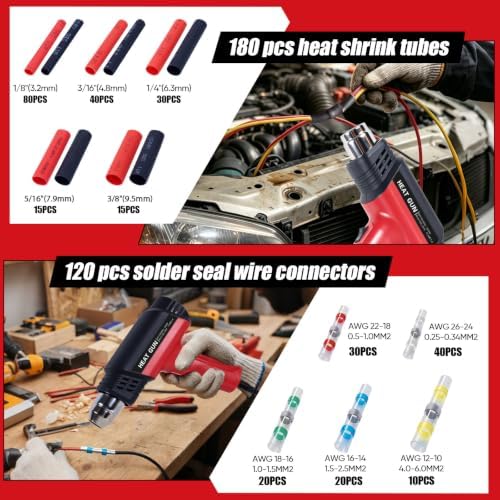 Heat Gun Kit with 300PCS Heat Shrink Solder Seal Wire Connectors, Waterproof Heat Shrink Wire Connectors, 26-10 AWG Heat Shrink Sleeve for Automotive, Marine, Wiring Repair