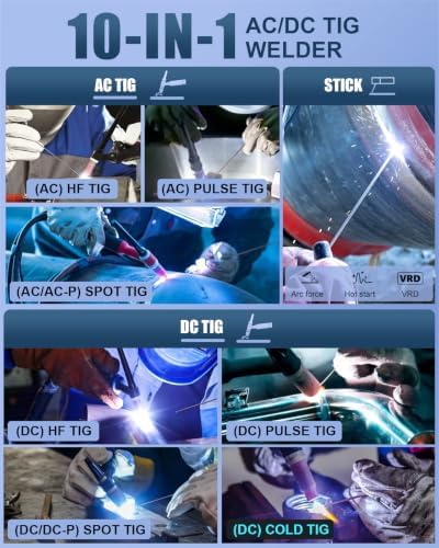 AZZUNO 200A AC/DC Aluminum TIG Welder, 10-in-1 TIG Welding with Pulse Cold