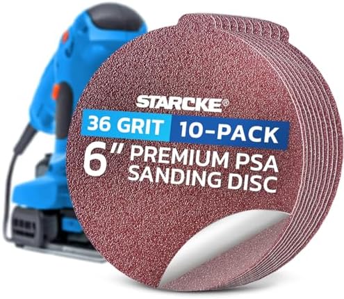 Starcke Sand Paper for Car, 10 Pack Premium 6 Inch Sanding Discs, 36 Grit Sanding Paper, Self Adhesive Orbital Sander Pads, PSA Aluminum Oxide Sandpaper Discs, Auto Sandpaper for Wood, Metal, Paint