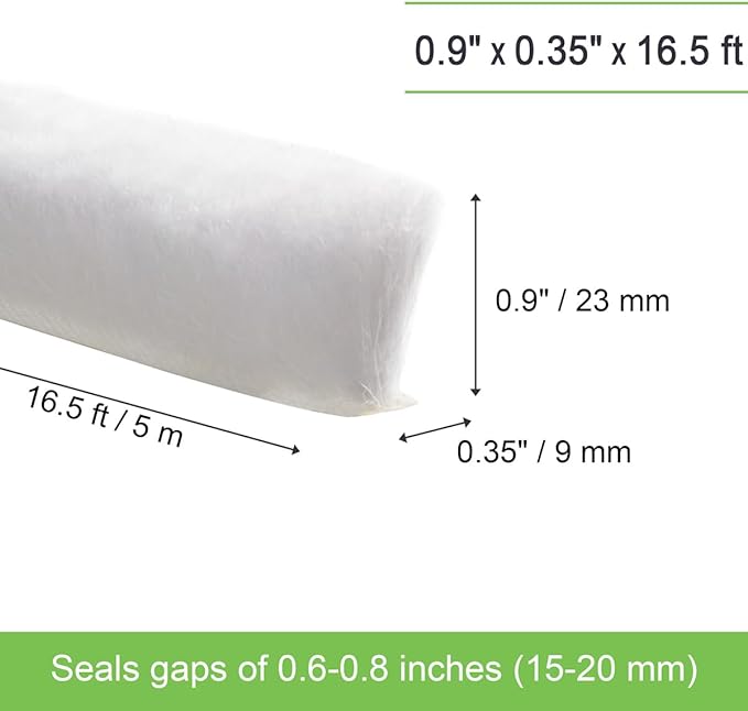 Self-Adhesive Weather Stripping Seal for Doors & Windows – Soundproof Insulation Gap Filler for Sliding, Exterior, Front, and Jamb Frames – 0.9" x 0.35" x 16.5 ft, White