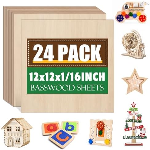 24 Pack Basswood Sheets 1/16x12X12Inch,Plywood Sheets for Crafts.Unfinished Wood Boards for Laser Cutting & Engraving,Burning,Balsa Wood Sheet for Painting