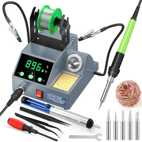 Soldering Station, 100W Digital Display Soldering Iron Station Kit with 2 Helping Hands, 356°F - 896°F, Auto Sleep, °C/°F Conversion, Solder Wire, Tips, Stand, Pump, Tweezers, Tip Cleaner, Gray