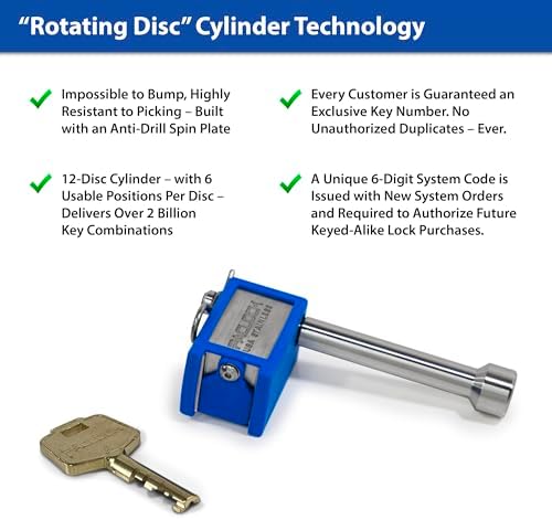 PACLOCK's 80-Series Trailer Hitch Lock, High Security Rotating Disc, 478" Pin for B&W Hitches, Keyed Differently w/ 1 Key, Silver
