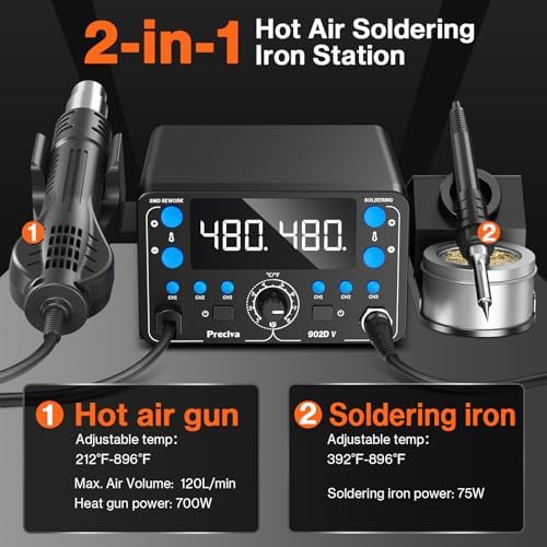 Preciva 902D V Soldering Station 2-in-1 SMD Hot Air Rework Station with LED, Memory Presets, Sleep, Calibration, °C/ºF | Includes Soldering Iron, Hot Air Gun, 5 Tips, 4 Nozzles, Holder, Solder Wire