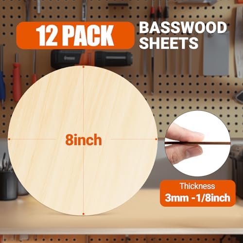 Rowood 12 Pack Round Basswood Sheets,8x8x1/8inch,3mm Basswood for Laser Cutting,Adult Craft Kits,Thin Plywood Board Unfinished Wood,DIY Ornaments and Architectural Model