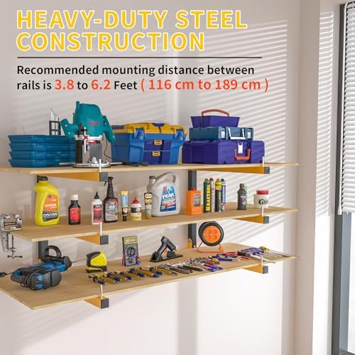 4 PACK Lumber Storage Rack Wall Mount Wood Organizer Storage Racks Heavy Duty Shelf Brackets with 6-Level System 720 LB Sturdy Folding Garage Wall Shelving, Snowboard Rack for Indoor and Outdoor