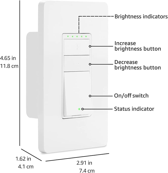 Amazon Basics Smart Dimmer Switch, Single Pole, Works with Alexa Only, Voice Control, 2.4 GHz Wi-Fi, No Hub Required, Neutral Wire Required, White