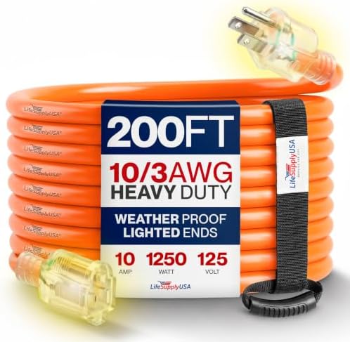 200ft Outdoor/Indoor Extension Cord 10/3 Gauge Ultra Heavy Duty 3 Prong SJTW, Waterproof, Flexible Cold-Resistant Long Power Cord,10A 125V 1250W, Orange by LifeSupplyUSA