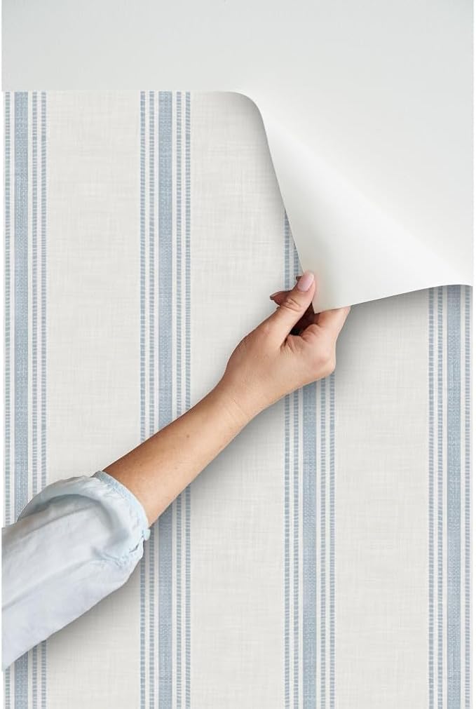Spoonflower Blue Ticking Stripe Peel and Stick Wallpaper | Roll 24" x 72" | Neutral Cottage Simple Traditional | Self-adhesive, removable and renter-friendly