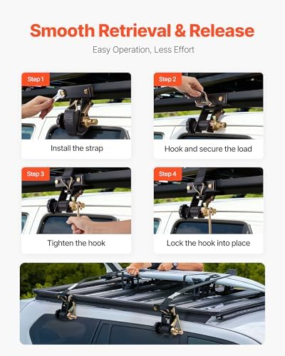 VEVOR Ladder Rack Ratchet Straps, 1.4" Black Square Tube Mount, 1.5'' Wide x 7.5' Long Black Ladder Rack Straps with Double J-Hooks, 500 lbs Load Heavy Duty, Cargo Buckle Lock Strap (4 Pack)