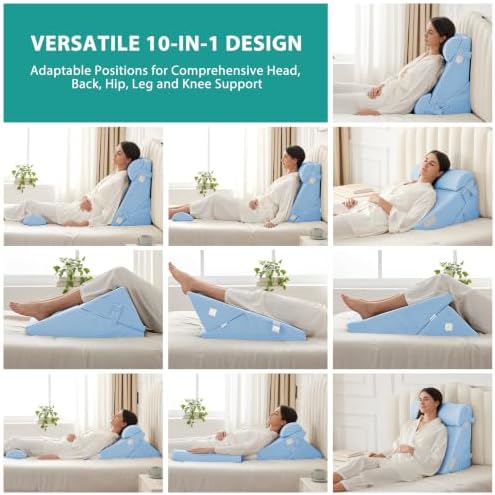 Bedluxe Adjustable 4pcs Bed Wedge Pillow Set, Memory Foam Wedges Pillow Post Surgery for Back, Neck, Leg Pain Relief, Pillows Wedge for Sleeping, Sitting up in Bed, Acid Reflux and GERD, Light Blue