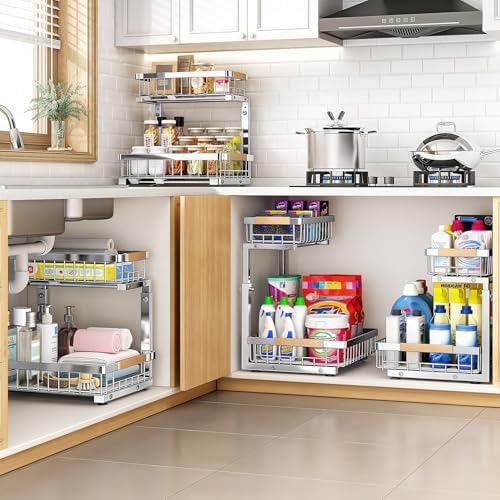 PXRACK Under Sink Organizer, Adjustable Height, 2 Tier Pull Out Cabinet Organizer, Slide Out Thickened Metal Storage for Kitchen Bathroom Laundry Pantry Cabinet, Stainless Steel, Silver, Large-2-Pack