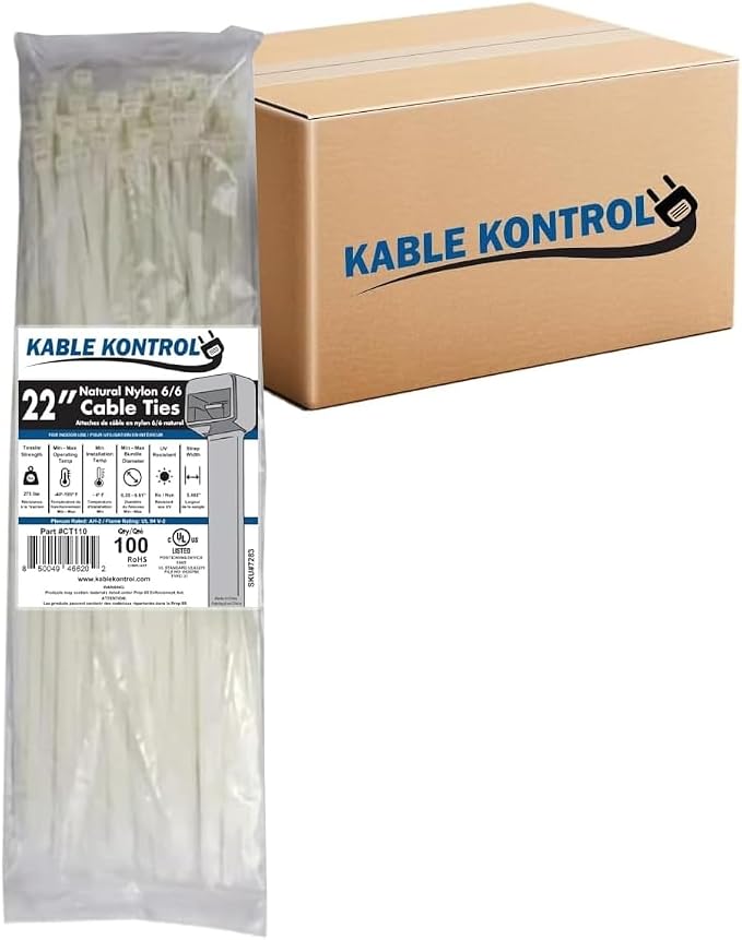 Kable Kontrol Cable Zip Ties, 22 Inch 1000 Pcs HD 250lbs Test Natural White | Nylon Plastic, Self Locking, UL Listed, Indoor Use
