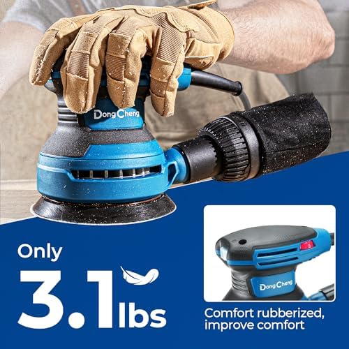 Dong Cheng 5-Inch Random Orbital Sander 3.2A 12800OPM Electric Palm Sander, 6 Variable Speeds, with 20pcs Sandpaper & Detachable Dust Bag, Power Sander for Woodworking, Sanding & Polishing