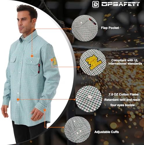 FR Shirts for Men 7oz Fire Resistant Shirts CAT2 Welding Shirt 100% Cotton Flame Resistant Shirt Greens/Plaid(X-Large)
