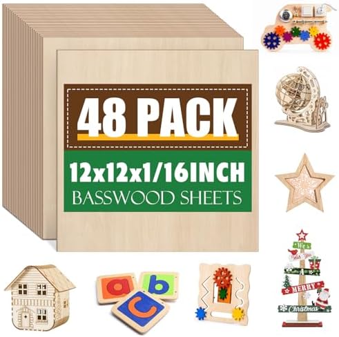 48 Pack Basswood Sheets 1/16x12X12Inch,Plywood Sheets for Crafts.Unfinished Wood Boards for Laser Cutting & Engraving,Burning,Balsa Wood Sheet for Painting.