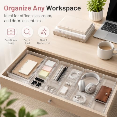 10 Pack Clear Drawer Organizer, 5 Sizes, Non-Slip Storage Trays