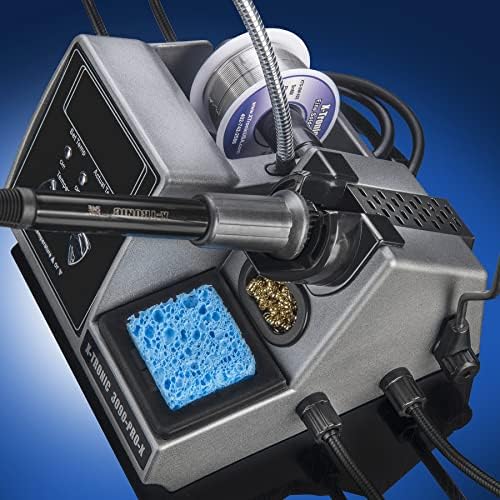 X-Tronic 3090-PRO-X – 75 W Soldering Iron Station – 5 Extra Tips, 2 LED Displays, Sleep Func, C/F, 3 Temp Presets, Mini Mag Lamp, 4 Helping Hands, Solder Sucker, Tweezers, Solder, Brass & Wet Sponges