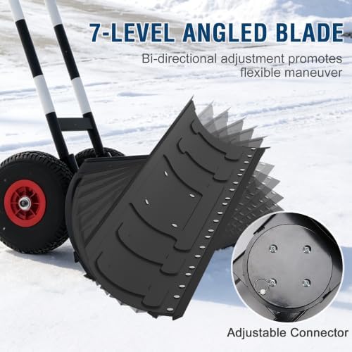 36-Inch Wheeled Snow Shovel, Galvanized Steel Snow Pusher with Wheels