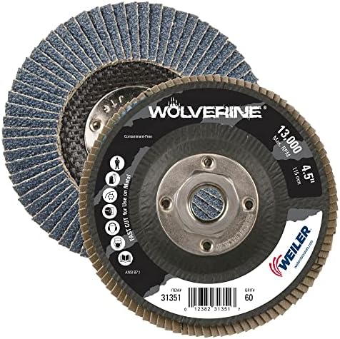 Weiler 31351 Wolverine 4-1/2" x 5/8"-11 UNC NUT Abrasive Flap Disc, 60 Grit Zirconia Alumina, Bevel Type 29, Phenolic Backing, Standard Density (Pack of 10)