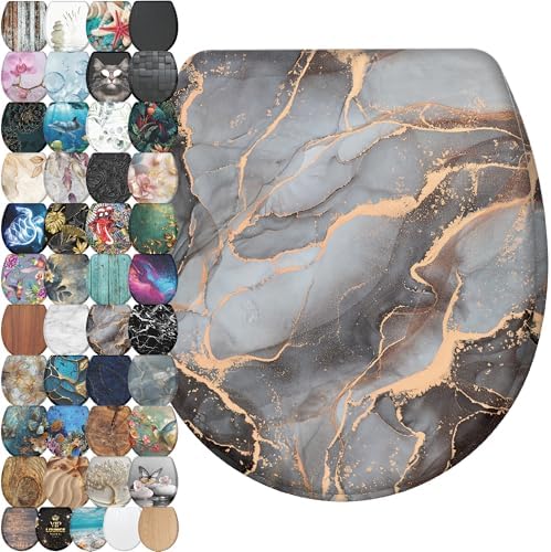 Sanilo Wooden Toilet Seat with Quick Release & Soft Close [ROUND] - Decorative & Slow Close Molded Wood Seat - With One Click for Easy Installation & Cleaning - With Adjustable Fit (Marble Abstract)