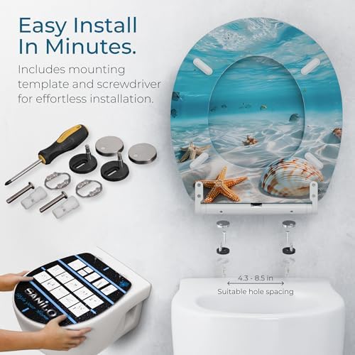 Sanilo Wooden Toilet Seat with Quick Release & Soft Close [ROUND] - Decorative & Slow Close Molded Wood Seat - With One Click for Easy Installation & Cleaning - With Adjustable Fit (Waterworld)