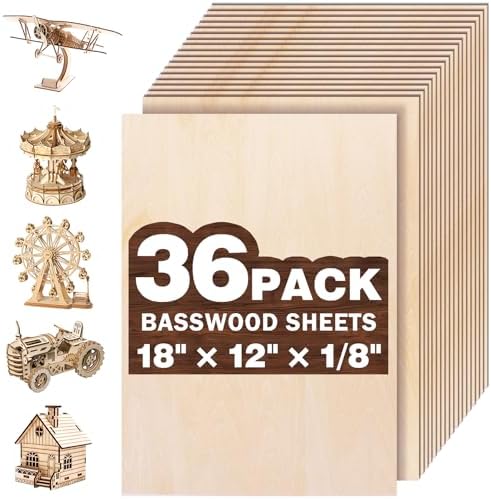 36 Pack Basswood Sheets for Crafts,18"x12"x1/8" 3mm Thick Plywood Sheets with Smooth Surfaces-Unfinished Squares Wood Boards for Laser Cutting, Wood Burning, Architectural Models, Staining