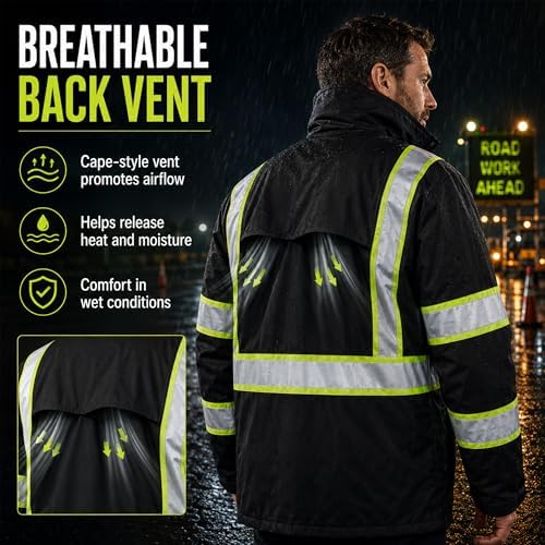 FATONE Rain Suits for Men Waterproof Reflective High Visibility Rain Gear Mens Heavy Duty, Hi Vis Rain Jacket & Pants with Black Bottom Class 3 ANSI/ISEA Compliant, Black 4XL/5XL