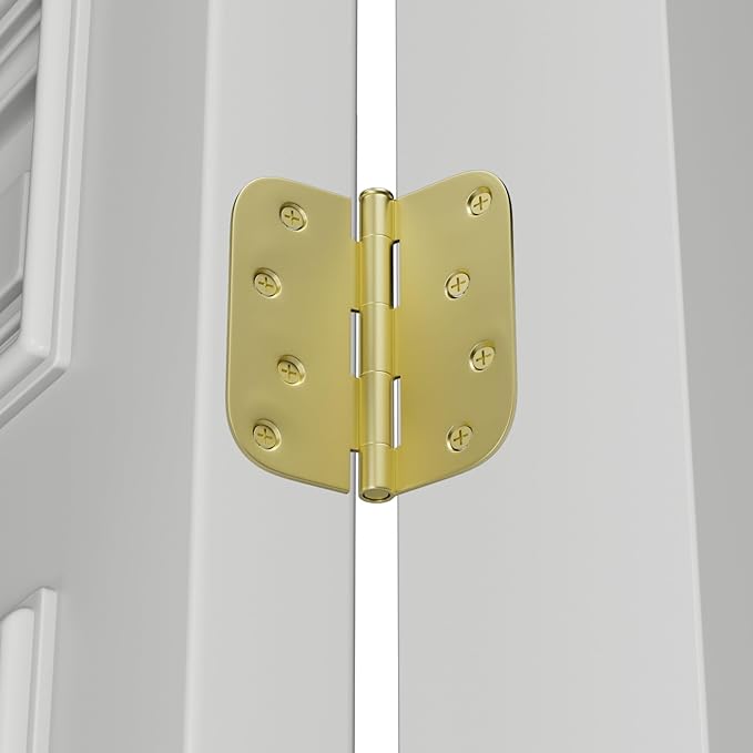 goldenwarm 3 Pack Satin Brass Residential Heavy Duty Iron Door Hinges, 4 Inch x 4 Inch Interior and Exterior Gold Door Hinges with 5/8" Radius Corners