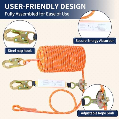 Rope Harness Safety Lanyard 100FT, Roofing Fall Protection Rope